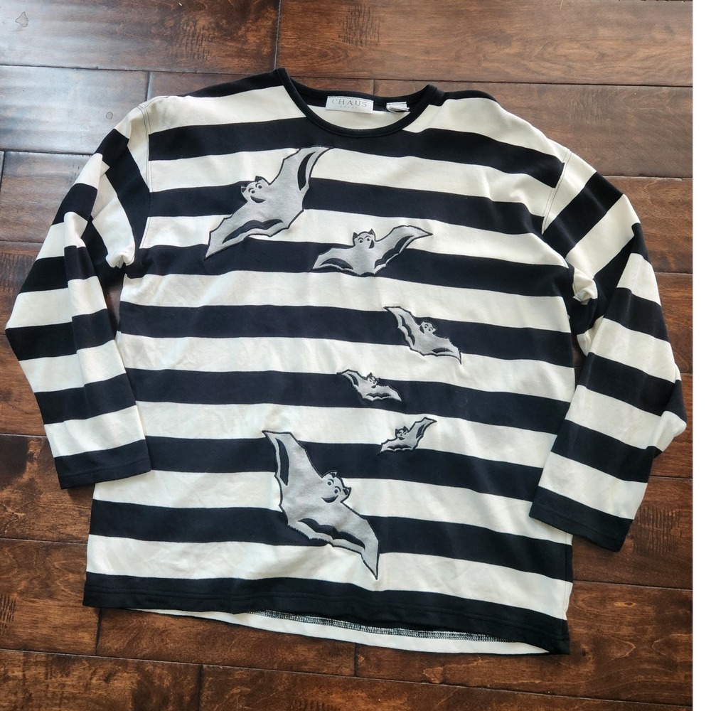 Chaus Sport Bat Graphic Striped Top Black White Whimsygoth Goth Halloween XL
